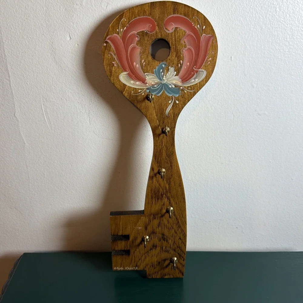 Handmade Vintage Norwegian Wooden Hand Painted Floral Key Hook Signed USA